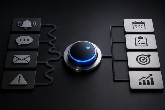AI automation workflow button with connected task and communication icons on dark background