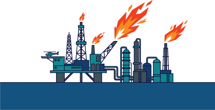 An oil rig is on fire in the ocean with flames rising high