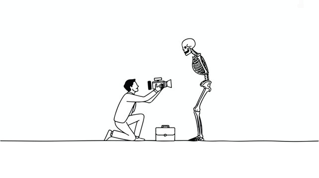 Man photographing a skeleton with a video camera and briefcase on the floor