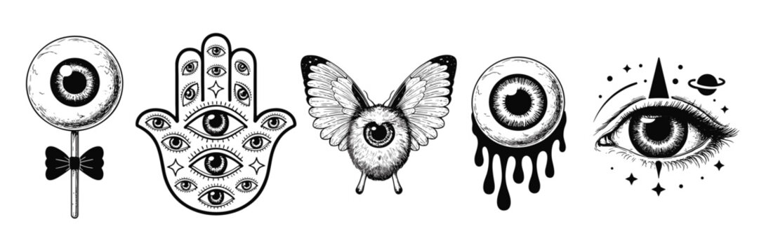 Black and white of five surreal eye-themed including a lollipop, hamsa hand, moth, dripping eyeball, and cosmic eye