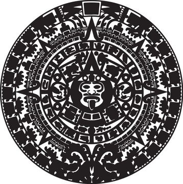 Aztec calendar, Mayan wheel, black and white vector, tribal symbol, ancient design