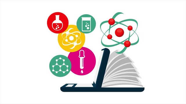 Digital Science Learning and Chemistry Animation: Laptop with Flipping Book Pages, Atom Model, Pipette Icon, and Chemical Flask Badges, Seamless Loop.