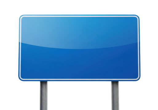 A blank blue road sign on metal posts isolated on transparent background