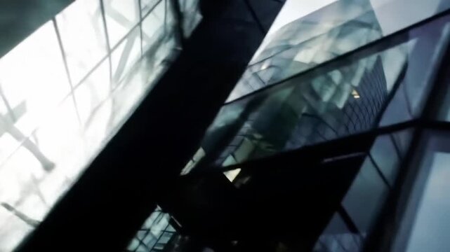 Skyscraper windows reflect the geometric patterns of a modern urban landscape during a cloudy day.