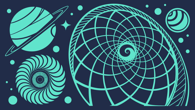 Astronomical illustration of celestial bodies and mathematical models in space