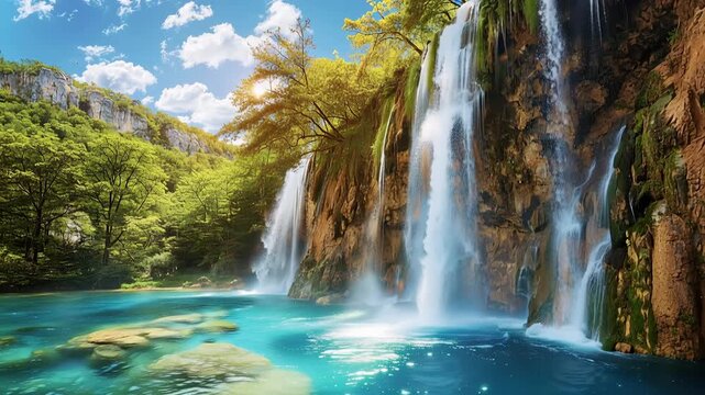 Majestic waterfall cascading through lush green forest with vibrant blue pool beneath 4k video