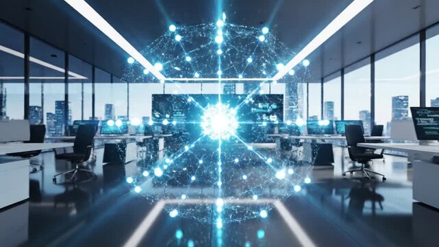 Global network connection represents a centralized hub of digital communication radiating light through a modern open-plan office space featuring advanced connectivity and technology.