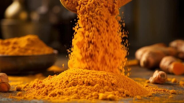 Fine Yellow Turmeric Powder Falling from Wooden Spoon in Cinematic Slow Motion with Tiny Spice Particles and Ginger Root Background