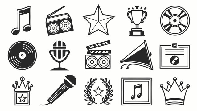 A collection of various awards and music symbols icons are displayed together.