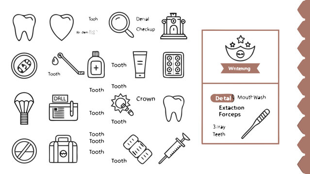 A dental clinic's promotional materials showcase various tooth and oral care icons.