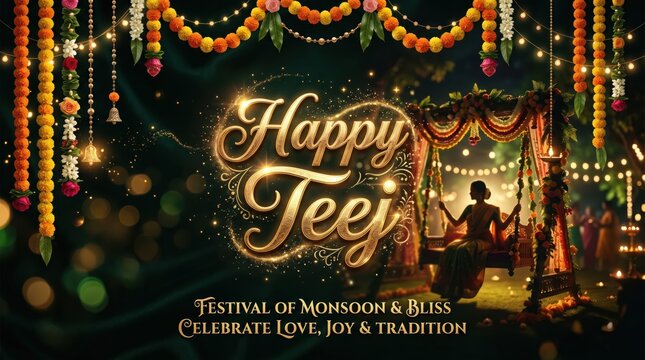 Happy teej festival greeting card with woman on decorated swing
