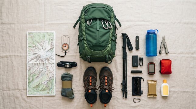 Flat lay of hiking gear and equipment for trekking, including a backpack, hiking boots, map, compass, water bottle, and survival tools on a light textured background