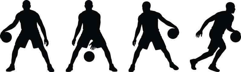 Four black silhouettes of men playing basketball, various poses sports © Aysha