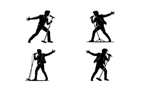 Male singer silhouette performing with microphone stand isolated vector illustration for music and concert themes