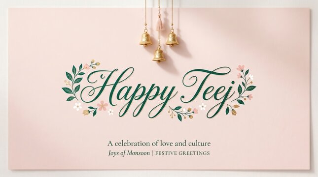 Happy teej festive greeting card with hanging golden bells