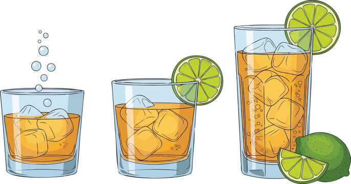 Three glasses of iced lemon tea with lime slices and ice cubes on side