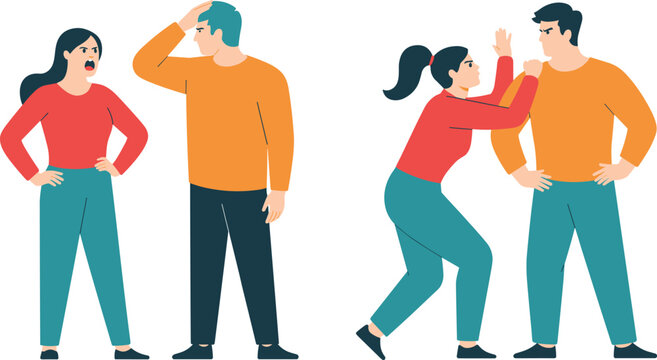 Angry Couple Family Conflict and Toxic Relationship Vector Character Set Featuring Partners Arguing Screaming and Fighting for Behavioral Psychology Graphic Designs