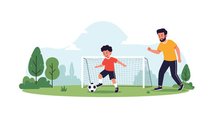 Obraz premium Father and young son playing soccer together in a grassy outdoor park with a goal and green trees in the background.
