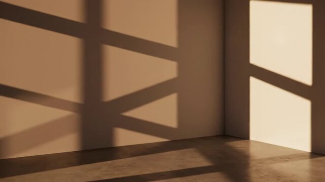 Shadows cast geometric patterns across a minimalist interior wall to create an atmosphere of quiet contemplation and modern architectural design.