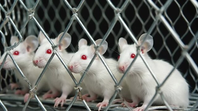 Row of white lab mice with red eyes inside a wire cage for medical testing and drug research, science concept