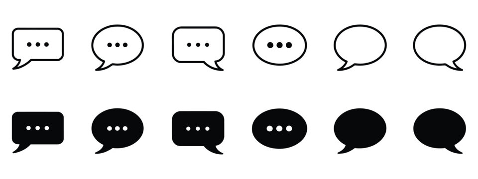 Chat icon, speech bubbles in outline and filled styles for UI messaging, communication, feedback, and talk symbols.