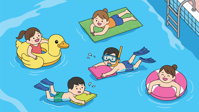 Group of happy children swimming and playing with inflatable rings and boards in a blue outdoor pool.