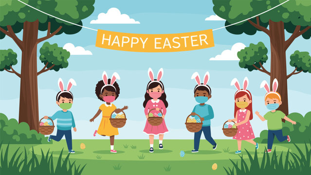 Group of diverse children wearing bunny ears and face masks participating in an easter egg hunt outdoors in a park.