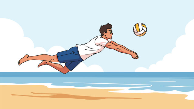 Athletic young man diving across the sand to hit a ball during a competitive game of beach volleyball by the sea.