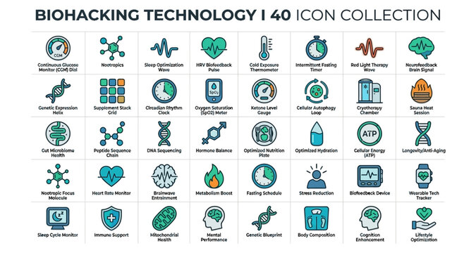 Biohacking technology icons set