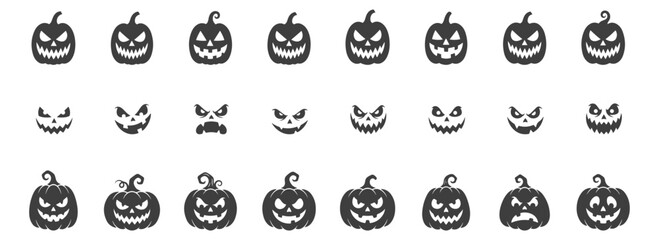 Fototapeta premium Collection of various spooky halloween pumpkin faces with includes multiple spooky