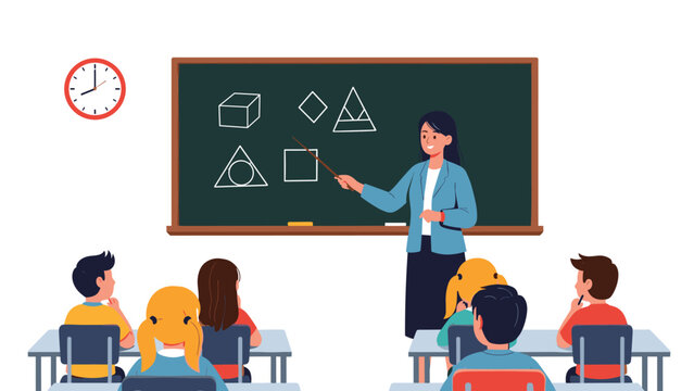 Female teacher using a pointer to explain geometric shapes on a blackboard to a group of attentive school students in a classroom.