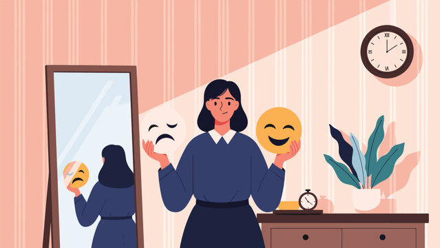 Young woman standing in front of a mirror holding various emotional masks representing mood swings and mental health.