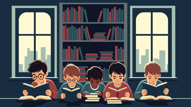 Diverse group of young boys sitting together in a library deeply absorbed in reading books from tall bookshelves.