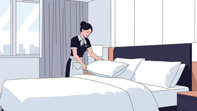 Professional hotel maid in uniform carefully and neatly arranging pillows while making a bed in a clean guest room.