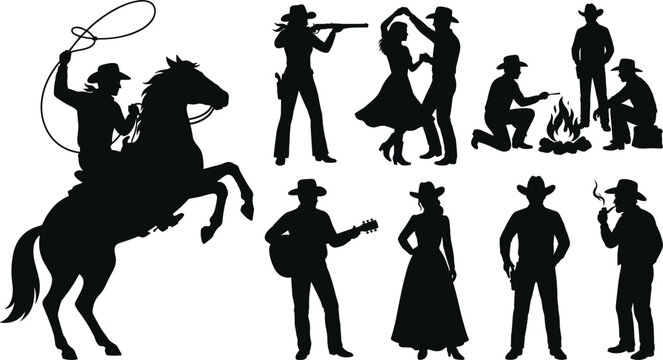 Western cowboy silhouettes, rodeo and country scenes cowboy hat horse
