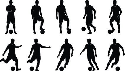 Silhouettes of soccer players in various poses, kicking and dribbling balls football © Aysha