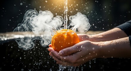 Fototapeta premium Pouring Hot Water Over Fresh Orange Held in Hands with Steam and Water Splashes