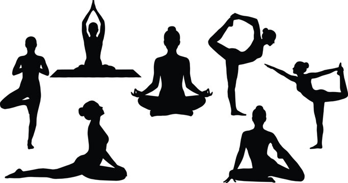 Seven black silhouettes of women in various yoga poses on white background