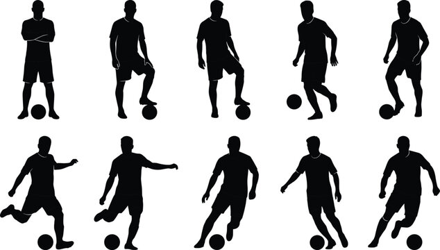 Silhouettes of soccer players in various poses, kicking and dribbling balls football