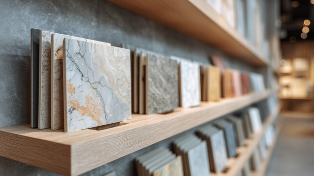 Modern ceramic tile samples on wooden shelf in interior design showroom display