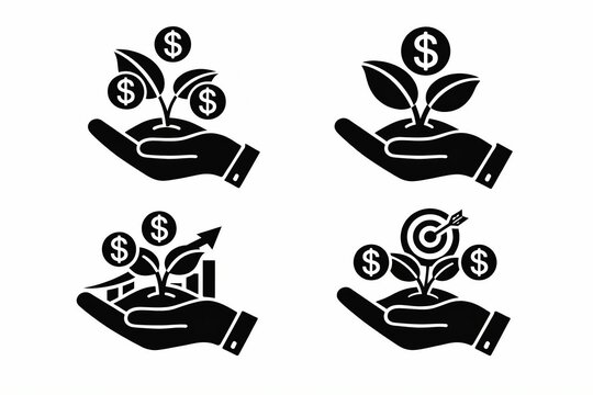 Hand holding growing money plant icons with dollar signs