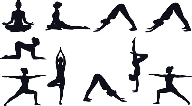 Black silhouettes of women in various yoga poses, isolated on white background, fitness exercise