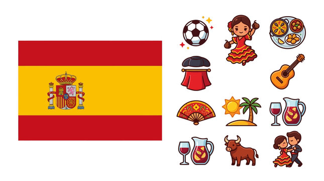 Collection of Spanish Cultural Icons and National Flag featuring Chibi Flamenco Dancers, Bull, Paella, Guitar, Sangria, Soccer Ball, and Traditional Fan in Flat Vector Style.