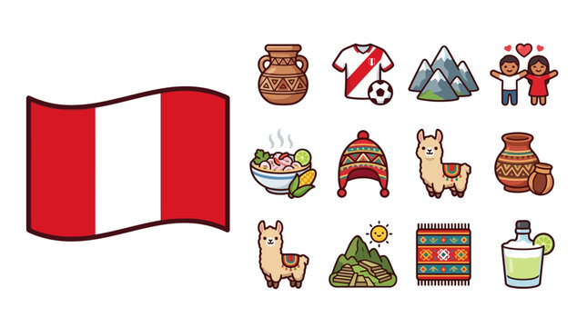 Flat vector illustration set of Peruvian cultural icons including the national flag, llama, alpaca, Machu Picchu, ceviche, pisco sour, chullo hat, traditional pottery, and soccer jersey.