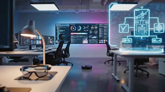 Modern office space features glowing holographic interfaces and a robotic vacuum cleaner operating on the floor.