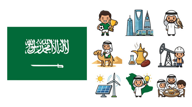 Comprehensive flat vector set of Saudi Arabia icons featuring the national flag, Riyadh skyline, soccer player, oil industry, renewable energy, falconry, camel, and traditional food.