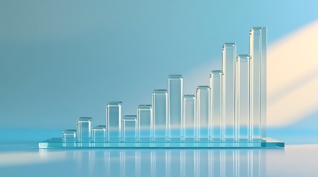 Glass bar chart showing inconsistent financial progress on clean light blue studio setting.
