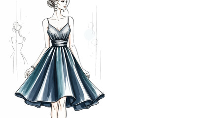 Fototapeta premium Fashion Illustration of Elegant Woman in Dark Blue Cocktail Dress
