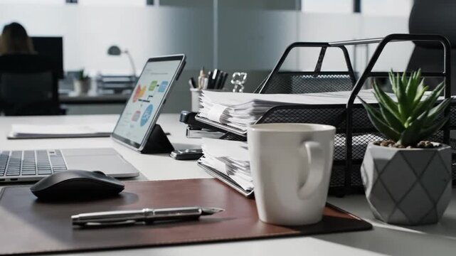 Tablet computer sits on a cluttered executive desk next to a stack of reports and a coffee mug, showing colorful business charts during a workday.