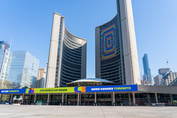 Fototapeta premium Toronto, Canada -May 18, 2026: This scene shows preparations for the 2026 FIFA World Cup at Nathan Phillips Square and City Hall building in Toronto, Canada. 